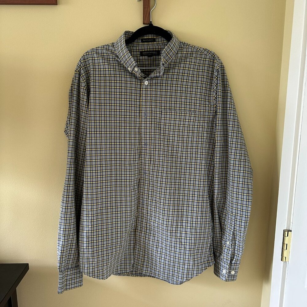 Banana Republic Slim Flex Fit Tech Stretch Cotton Blue Checker Shirt